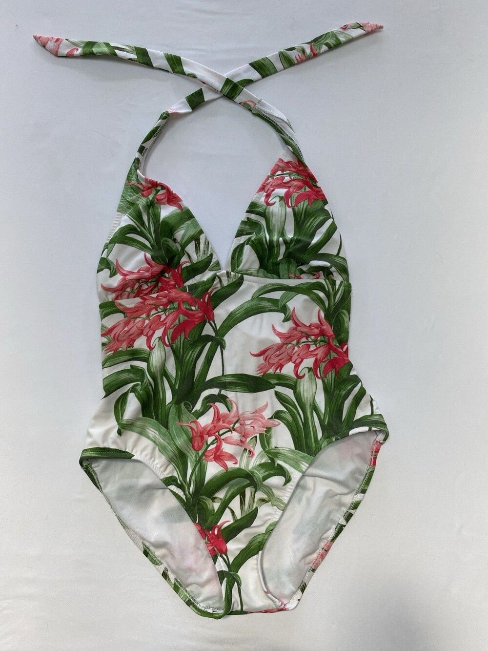 Catalina Size Large Tropical Floral Plunge Halter One Piece Swimsuit Monokini